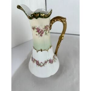 Limoges LS&S France Pitcher Floral Gold Handle Trim Ivory Green 11 Ins